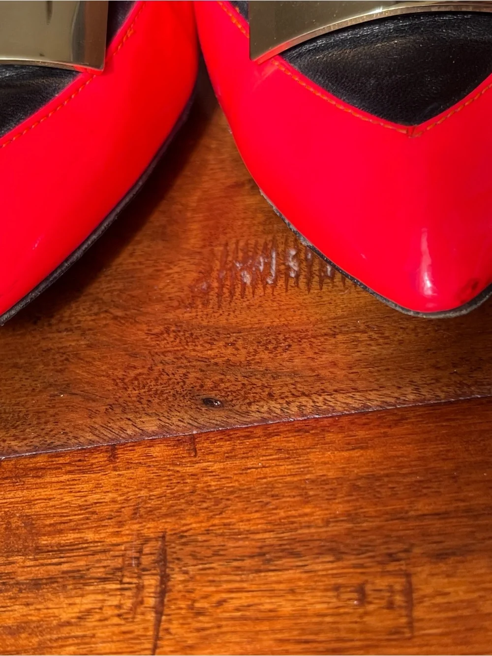 Patrizia Pepe Neon Red Patent Pointed Toe heels with Gold Plaque